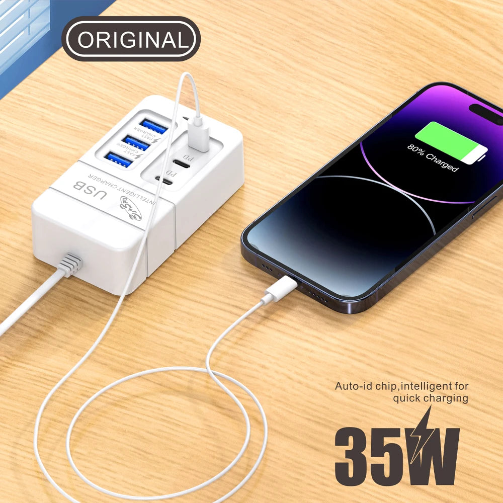 6-in-1 Surge Protector 6-Outlet Extender with 3 USB & 3 Type C Ports Power Strip Multi Plug Outlets Wall Adapter Spaced for Home