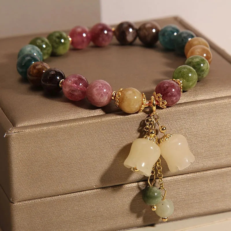 Fashion Natural Stone Bracelet Elegant Lily of the Valley Flower Pendant Elastic Beaded Bracelets for Women Party Jewelry Gift