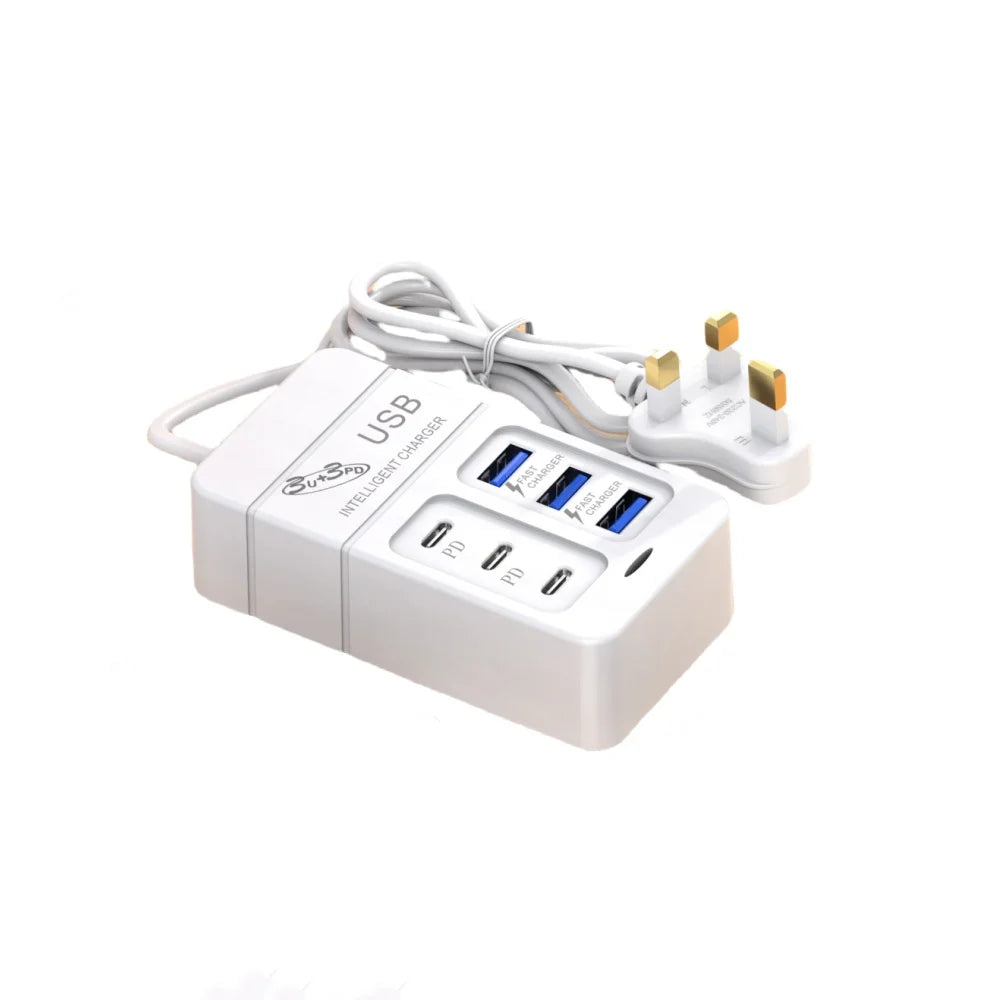 6-in-1 Surge Protector 6-Outlet Extender with 3 USB & 3 Type C Ports Power Strip Multi Plug Outlets Wall Adapter Spaced for Home