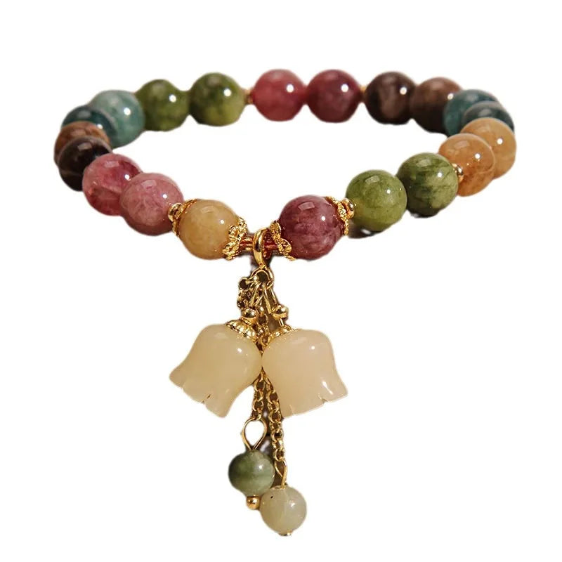 Fashion Natural Stone Bracelet Elegant Lily of the Valley Flower Pendant Elastic Beaded Bracelets for Women Party Jewelry Gift
