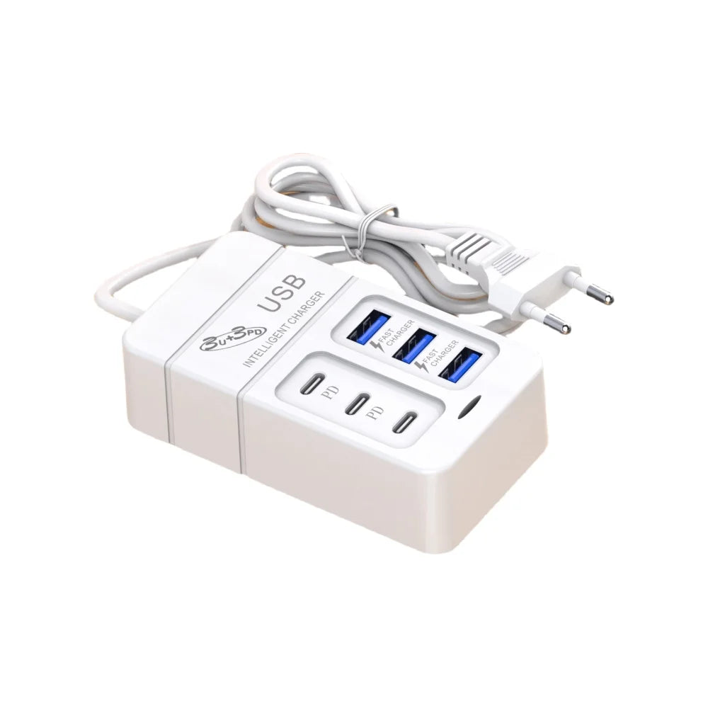 6-in-1 Surge Protector 6-Outlet Extender with 3 USB & 3 Type C Ports Power Strip Multi Plug Outlets Wall Adapter Spaced for Home
