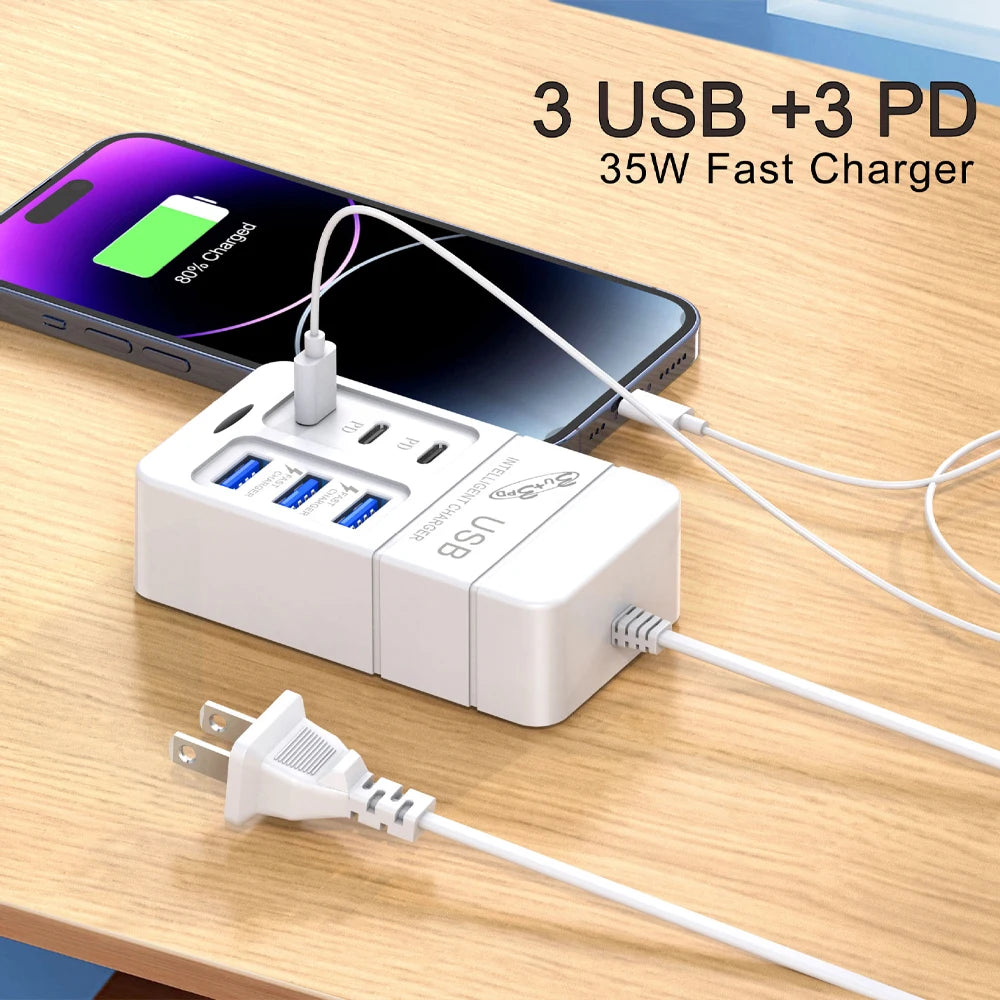6-in-1 Surge Protector 6-Outlet Extender with 3 USB & 3 Type C Ports Power Strip Multi Plug Outlets Wall Adapter Spaced for Home