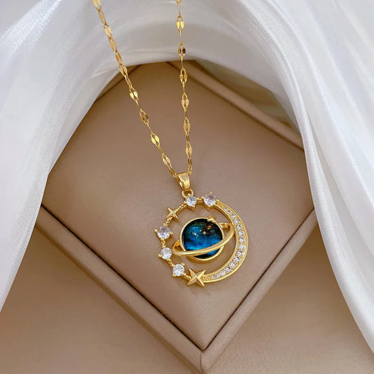 316L Stainless Steel Sun Moon Star Pendant Necklace For Women Exquisite  Planet Clavicle Chain Party Jewelry Gifts