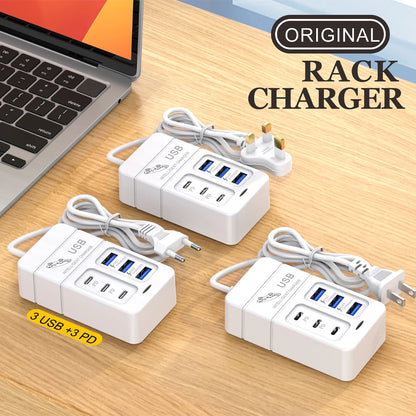 6-in-1 Surge Protector 6-Outlet Extender with 3 USB & 3 Type C Ports Power Strip Multi Plug Outlets Wall Adapter Spaced for Home